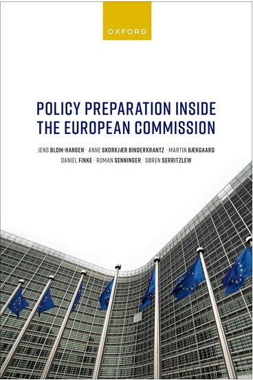 The new book "Policy Preparation Inside the European Commission". Photo: OUP. Figure showing a building, flags, letters.