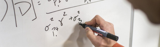 Postdoc writing formula on whiteboard. Photo: Lars Kruse, AU.